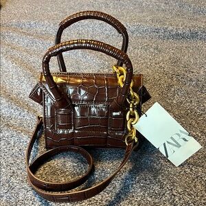 Zara Brown Gold Mini Bag with Crocodile Texture